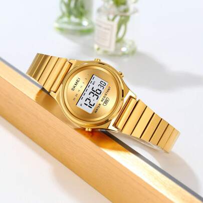  SKMEI 2521 圆形表盘数字运动手表，男女通用，奢华魅力不锈钢表带闹钟手表