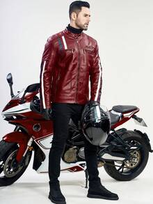 男士 PU 皮夹克，立领拼接设计摩托车夹克，时尚撞色外套 - 酒紅色 - 查看 4