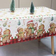 1 pieza Mantel de plástico con tema navideño, 137*220cm Cubierta de mesa para fiesta de Navidad - Diseño de hombrecillo de jengibre y árbol de Navidad | Mantel de plástico desechable, decoración de mesa de comedor navideña, decoración navideña