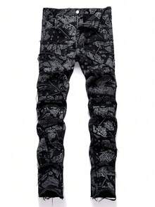 Fashionable Tassel All-Over Print Casual Slim Fit Jeans For Teenagers - Black - View 3