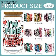 ELEWINS 12pcs Professional Grade UV DTF Cup Wraps For 16oz Tumblers - Funny Quotes Insulated Tumbler Wraps Permanent Scratch-Resistant Transfers For Glass & Mugs - Easy-Peel UV DTF Transfers For Smooth Surfaces - Fits 16oz Cups| Waterproof & Dishwasher Friendly Transfer Paper Craft Supplies( Without Mugs)