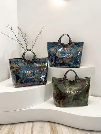 Women's Fashion Handbag, PVC Transparent Tote Bag With Camouflage Pattern, Waterproof Outdoor Casual Bag, Large Capacity Beach Bag, Casual Style, Large Capacity, Fixed Shoulder Strap, Hook & Loop Closure, Polyester Lining, Random Print Design, Suitable For Work And Commuting