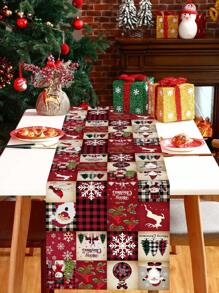 1pc Festive Christmas Table Runner, Multi-Grid Christmas Elements Table Flag, Santa Snowman Elk Xmas Tree Pattern, Polyester Fabric, Seasonal Winter Xmas Kitchen Dining Table Decoration For Home Party Decor, Christmas Decorations 2025