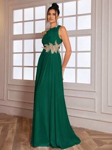 Đầm dạ hội xẻ cao họa tiết hoa 3D thời trang cao cấp cho nữ, Đầm dạ hội trang trọng, Dành cho khách dự tiệc cưới, Tốt nghiệp, Đầm dự tiệc tối, Váy dạ hội - màu xanh lá - Xem 7