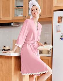 Women Kimono Robe 3/4 Sleeves Loungewear Dress Knee Length Sleepwear Pockets Housecoat Short Bathrobe S-XXL - 藏蓝色 - 查看 8