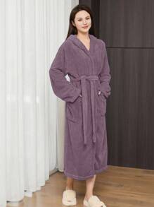 女士珊瑚绒连帽浴袍，长款，多种颜色可选，男女通用，3D菠萝图案设计，柔软蓬松保暖，带腰带和口袋，女士家居服，休闲服，可作毛巾、浴袍、女士浴巾使用，超柔软绒毛