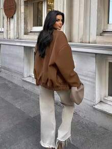 时尚欧美风格女式宽松羊毛混纺夹克，复古风，长袖，立领，大口袋，纯色，短款，秋冬 - 棕色 - 查看 4