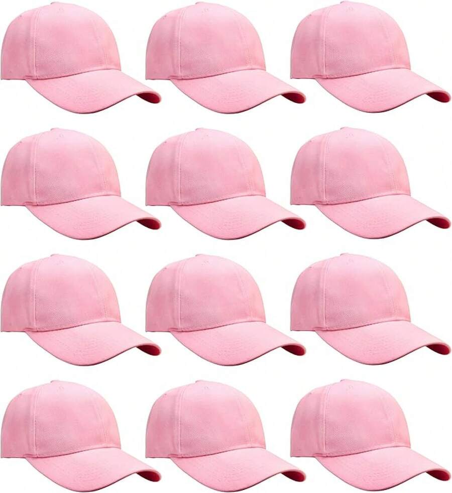 Bulk Lot 12-Pack Adjustable Size Plain Blank Solid Color Baseball Caps - Pink - View 1