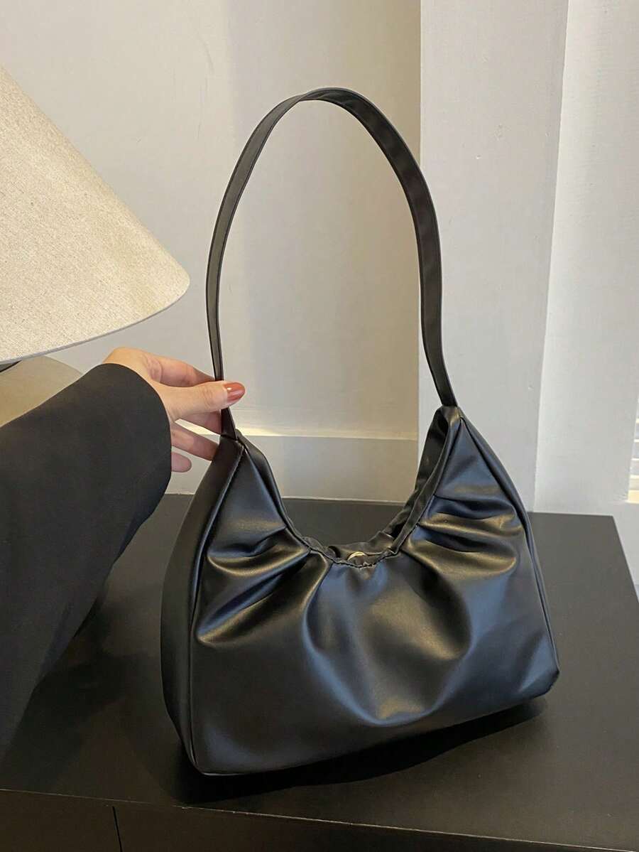 时尚单肩包，褶皱纯色清新手提包，腋下设计，春秋季 - 黑色 - 查看 1