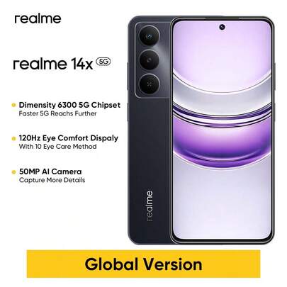 Realme 14X 解锁手机 6GB+128GB / 8GB+256GB 全球版，AI 5G LTE，Andriod 15 智能手机，联发科 Dimensity 6300 处理器手机，5000mAh 大电池，6.67 英寸高清显示屏，质量可靠，无需适配器