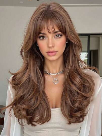 22英寸中长卷发长波浪棕色假发，天然耐热合成假发，适合女性日常佩戴、聚会和通勤。