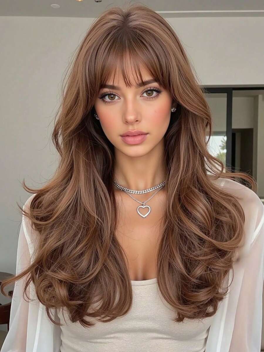 22英寸中长款棕色卷发假发，天然耐热合成假发，适合女性日常佩戴、参加派对和通勤。 - 棕色 - 查看 1