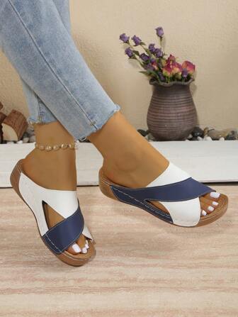 Sandalias de mujer de verano para exteriores con bloqueo de color francés y diseño cruzado, con cuña, suela gruesa, versátiles y cómodas