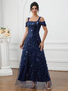 女式深蓝色刺绣露肩A字长款闪亮派对生日连衣裙 - 寶藍色 - 查看 3
