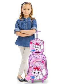 BLING BABIES 3 件套女童滚轮背包，可爱卡通猫咪亮片设计滚轮包，带午餐盒和笔袋，夜光功能，粉色 - 紅花粉貓 - 查看 9