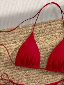 Bộ bikini dự tiệc PEPPERMOLLY mới, màu trơn, dây mảnh, kiểu đan chéo, hở lưng, thích hợp cho mùa hè đi biển, dành cho nữ, màu đen, thích hợp cho kỳ nghỉ. - Đỏ sẫm - Xem 4