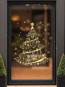 1pc Gold Christmas Tree Christmas Gift Static Cling Glass Window Sticker, Christmas Holiday Glass Sliding Door Decor Window Sticker  Christmas Decor  Christmas Decorations Stickers Wall Stickers Room Decor Wall Decor Christmas Decoration Home Decor