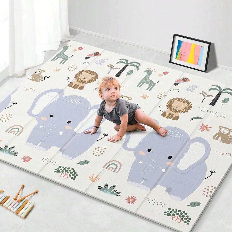 79x71 Foldable Baby Play Mat For Floor, Extra Large Tummy Time And Crawling Playmat, Thick Foam Play Mat For Baby, Reversible Portable Babies Floor Mats For Infant, Toddler - 大象 - 查看 1