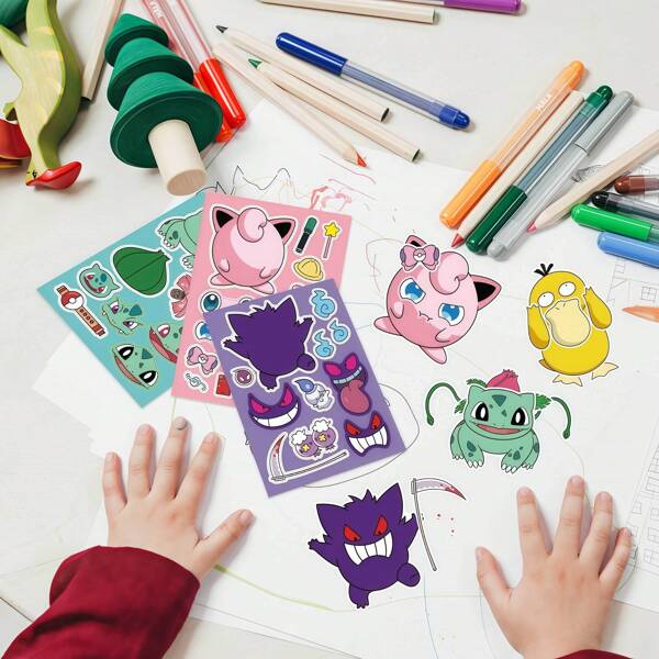 Minions 8 hojas/set de 6.3"X4.3" Crea tus propios pegatinas de tema de juego de dibujos animados, pegatinas para crear una figura para suministros de fiesta, regalos de cumpleaños, manualidades, pegatinas lindas, Pokémon, Pikachu Pokémon, kit de manualidades