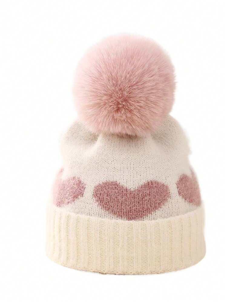 1 件婴儿心形绒球装饰保暖针织帽，厚针织新生儿秋冬帽 - 愛心 - 查看 4