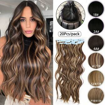 20Pcs/Pack 70g Elegant Curly Wavy Tape-In Hair Extensions, Seamless Invisible Extensions For Women, 24inch Kanikalon Synthesis Hair Tape In Extension Hair Pre Perm Treatment Hair Extensions, Body Wave Style, Ideal For Daily, Parties, Festive Hair Accessory, Christmas, St. Patrick'S Day, Music Festivals, Mother'S Day