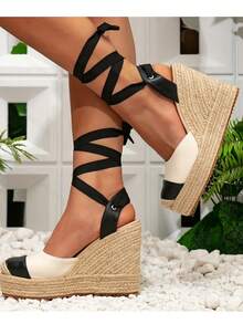 Sandali con zeppa casual da donna, con tomaia intrecciata e suola spessa, chiusi con punta, bicolore, con lacci, suola platform traspirante e suola spessa, adatti per casual, vacanze, feste, spiaggia