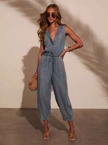 Women's Denim Rompers Summer Solid Lapel V Neck Sleeveless Loose Drawstring Jumpsuit - Blue - View 1