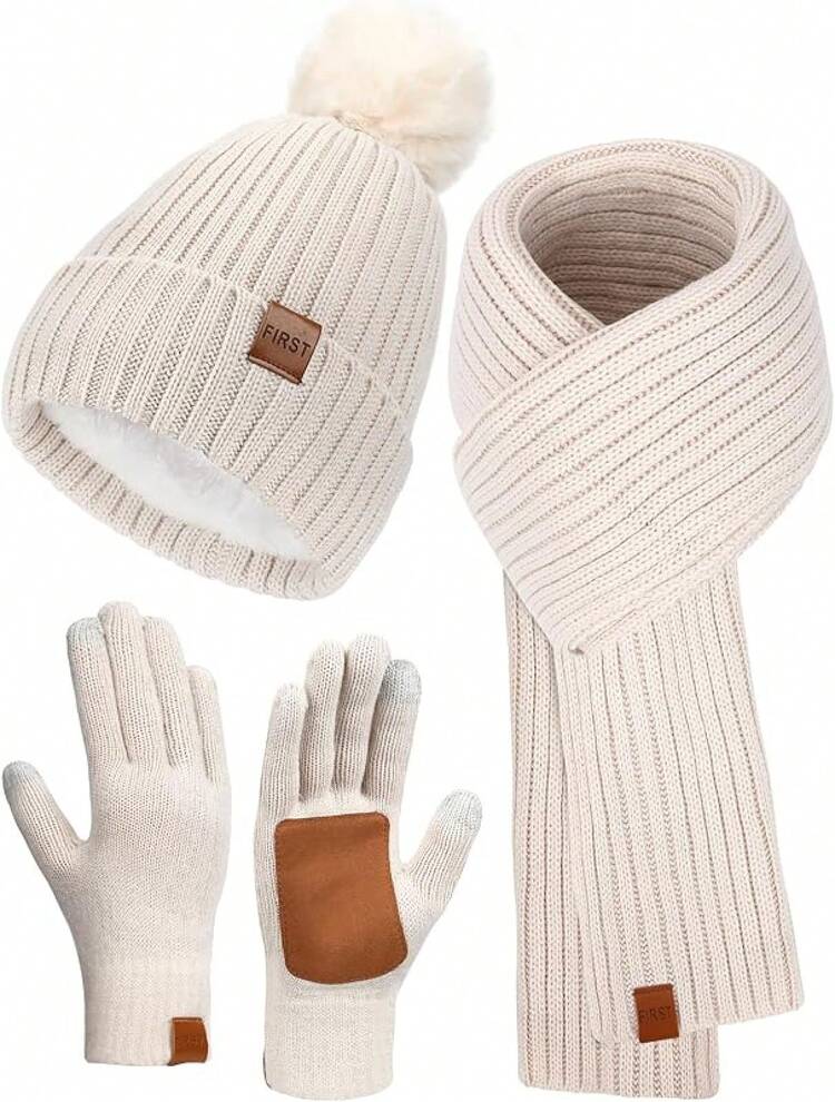 Conjunto de gorro, bufanda y guantes de invierno, gorro de lana con forro polar, bufanda larga con pompón, cuello cálido y guantes táctiles para mujer y hombre - Beis - Añade 1