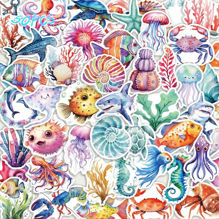 SCXXBSW 50pcs Water Color Marine Creatures Creative Fun Exquisite Stickers DIY Decorative Skateboard Phone Case Guitar Waterproof Stickers - Multicolor - View 1
