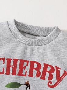 Tween Girl 樱桃印花圆领运动衫和喇叭裤套装 - 灰色 - 查看 3