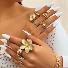 Women's Gold Bohemian Sea & Flower Multi - Piece Ring Set - Statement Jewelry