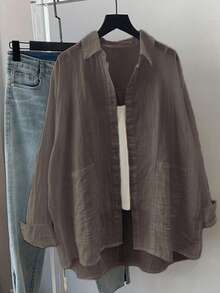 قميص بياقة منسوجة مقاس كبير، أكمام طويلة منسدلة، أزرار وجيب، طول عادي، خريفي - رمادي غامق - مشاهدة 1