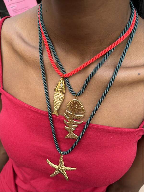 Vacation Style Big Fish Starfish Fish Bone Stainless Steel Pendant Personalized Thick Rope Necklace Marine Life Clavicle Chain For Women Jewelry Gifts