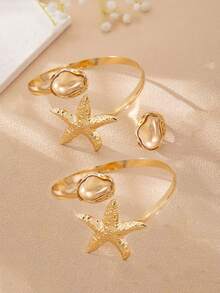 3 Stücke Boho-Stil Mode gehämmerte Metall Seestern Faux Barock Perle Armband Armreif Ring Set, Frauen Sommer Urlaub Party Schmuckset