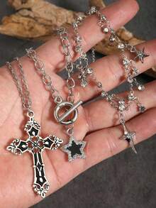 3 件套复古哥特朋克风格水钻星星闪亮多层项链套装，水钻星星，十字架吊坠项链，Y2K 欧美风格女士项链 - 銀色 - 查看 3