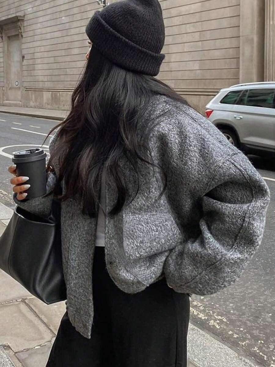 女士休闲街头优雅法式飞行员夹克,适合秋冬季日常外出、约会、通勤及其他优雅场合。 - 深灰色 - 查看 1