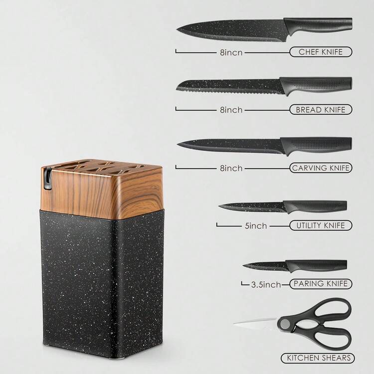 Knife Set, Yabano No Rust Kitchen Knives With PE Universal Knife Block 7 Pieces, High Grade Small Knife Block Set With Black Coating, Dishwasher Safe - Black and White - View 2