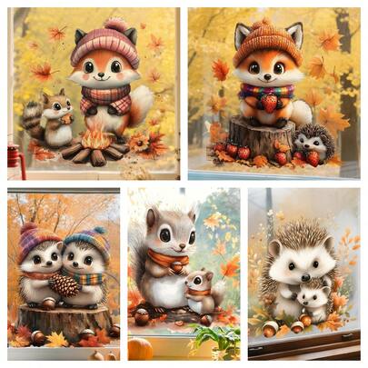 1/5 Autumn Forest Animal Window Stickers - Cute Squirrel, Hedgehog, Fox Vibrant Autumn Theme Design, Static PVC Stickers For Living Room Or Bedroom, Suitable For Home And Garden Decor, Classroom Decor, Cozy Home Decor, Thanksgiving Gift, Great For Autumn Theme Display, Fall Home Decor