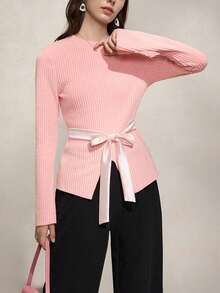 Damen elegantes T-Shirt mit rundem Ausschnitt, gerippter Optik, Schleifenvorderseite und asymmetrischem Saum, Weite Ärmel, Herbst