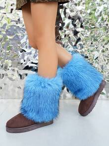 Damen Schneestiefel Y2K einfarbig 2025 Neu Herbst/Winter rutschfest Schlüpfen Flauschige Flauschige Stiefel, dick warm modisch einfach sexy schlank Plüsch Schuhe, elegante flauschige Patchwork Party Blau