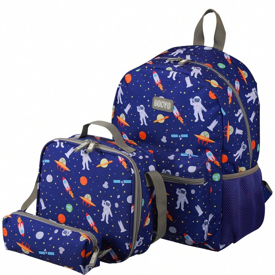 3 Pcs Kids Backpack Set - Lightweight Backpack In Fun Prints For School, Travel & Daycare, Ideal For Ages 6+, Roomy Interior, Durable & Water-Resistant Fabric & Loop For Lunch Bag - 太空 - 查看 1