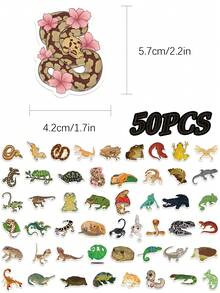 50pcs Colorful Reptile Stickers - Cartoon Lizard, Snake, Toad Decals For Laptops, Suitcases, Phones - PVC, Self-Adhesive, Mixed Colors, Asymmetrical Shapes, Fun Decoration, Whimsical Decor | Vibrant Animal Stickers | PVC Stickers, Reptile Accessories, Perfect For Winter, New Year - Multicolor - View 2