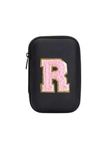 便携式 CCD 相机保护套，粉色字母 A-Z 毛巾刺绣，紧凑设计，防水材质，非常适合户外摄影爱好者和旅行者充电器盒，办公室必备数码包电缆相机包电子数据线整理器存储，钱包式移动电源盖旅行相机包，女士男士礼物，教师必备用品，防水轻便大容量便携式配件，适合暑假旅行，户外活动旅行必需品