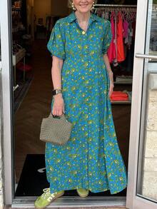 Women's Green Small Flower Pattern Long Shirt Dress, Lapel, Puff Sleeve,Buttons Down, Side Pockets, A-Line Dress, Casual And Elegant, Suitable For Daily Life And Parties - 墨綠色 - 查看 4
