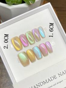 10 piezas de uñas hechas a mano con cuentas de vidrio, uñas francesas con ojo de gato arcoíris, diseño elegante y sencillo, uñas postizas, suministros para uñas