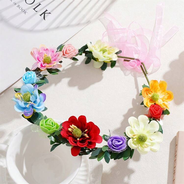 1件装女士可调节彩色花朵头饰，优雅甜美，适合新娘、伴娘、情人节佩戴，波西米亚风花朵头饰，适用于婚礼、旅行、拍照、派对、节日和送礼，可作皇冠、头饰、服装皇冠 - 彩色 - 查看 14