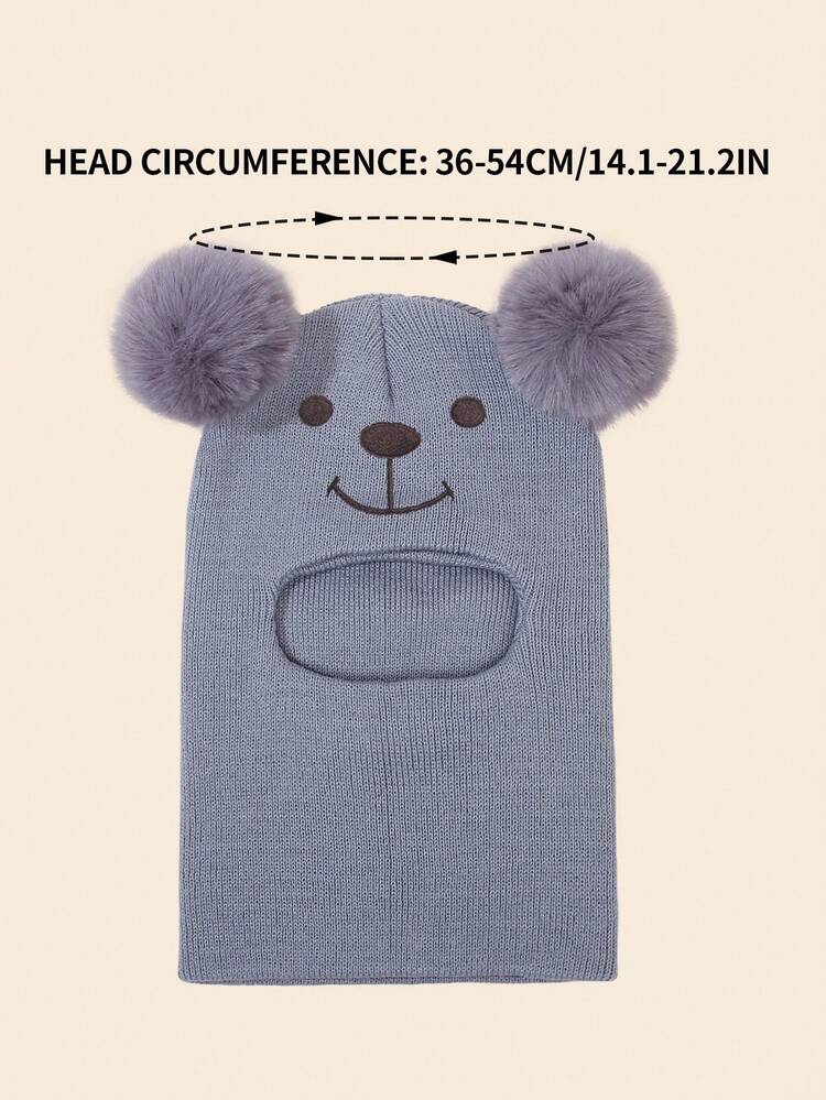 1pc 1-6 Years Old Kids Cute Double Ball Knitted Hat & Scarf Set, Bear Embroidery Pattern Balaclava, Soft & Comfortable Hooded Cap, Suitable For Autumn/Winter Outdoor Warmth - Bear - View 9