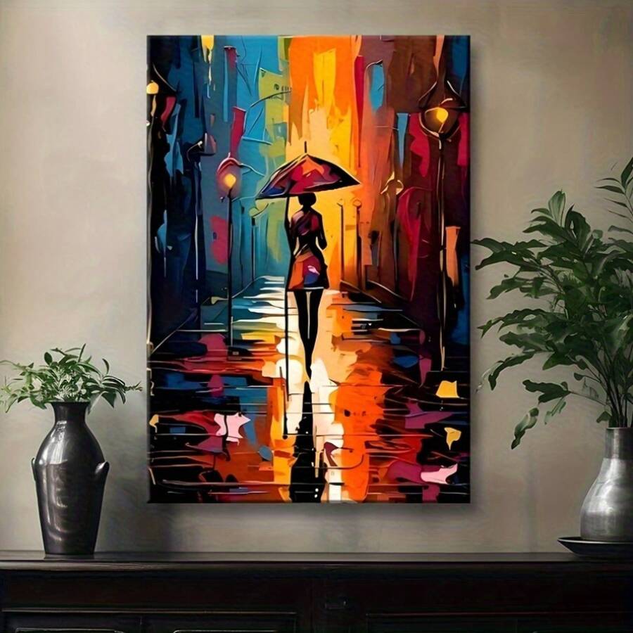 1 Pc Canvas Painting, African American Art, Walking In The Rain , Wooden Framed Art,High Quality ,Thickness 2. 25cm/1inch Wall Art Prints Poster Direct Hanging Decor For Home Gifts,Living Room, Bathroom, Bedroom, Kitchen,Bar,Office,Halloween, Christmas And Valentine's Day Gifts,2D Plane - Nhiều màu - Xem 1