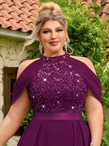 Đầm dạ hội cỡ lớn bằng chiffon đính sequin, ren hoa, khoét vai, thích hợp cho dạ hội, lễ tốt nghiệp, đám cưới, tiệc sinh nhật mùa hè thanh lịch. - Màu Tím - Xem 9