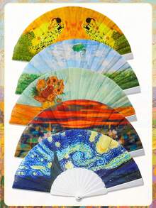 印有梵高、克里姆特名作的手持扇，采用精美面料制成，适合派对使用 - 星空 - 查看 4